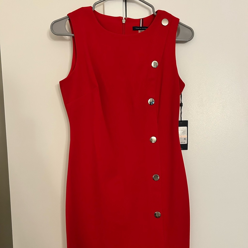 Tommy Hilfiger Bold Red Sleeveless Knee-Length Dress with Silver Buttons